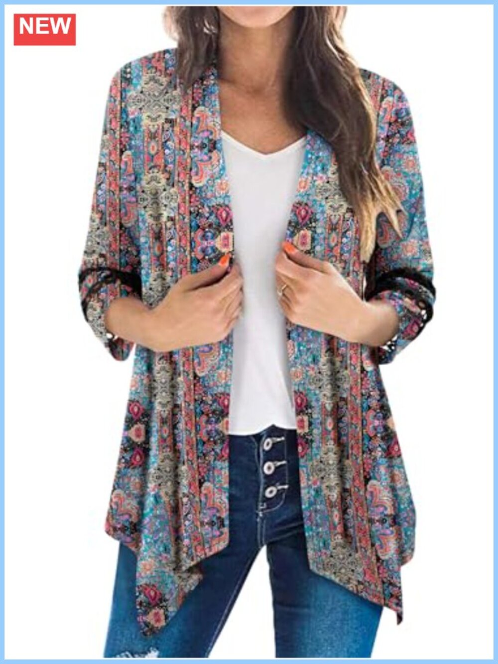 Womens Open Front Cardigan 3/4 Sleeve Lightweight Casual Cover Up
